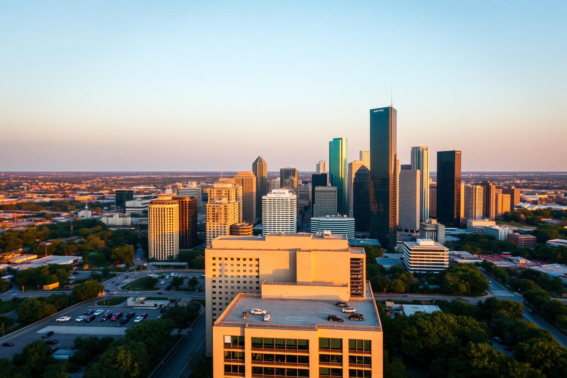 Houston Texas skyline at golden hour